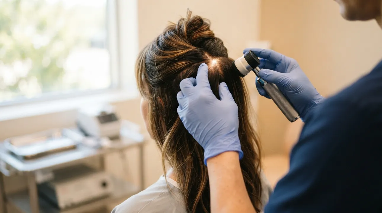 Dermatologist examining a woman's scalp with a dermatoscope during a hair loss visit